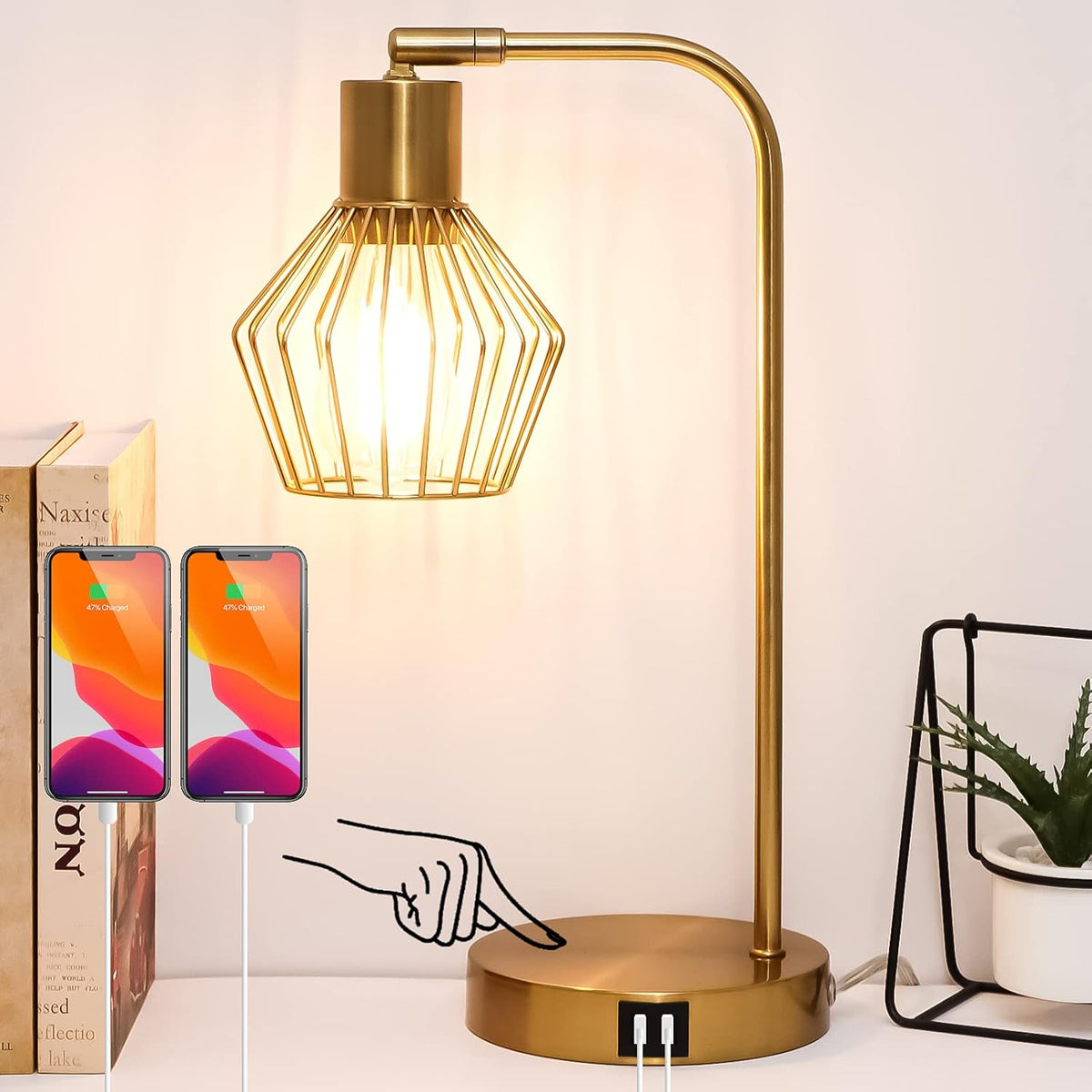 3-Way Dimmable Touch Control Table Lamp with Dual USB Ports, Black Metal Wire Cage, LED Bulb Included Q658