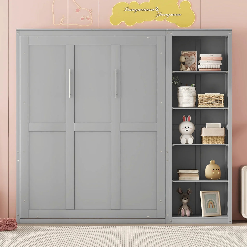 Full Size Gray Murphy Bed with Side Bookshelf C9118