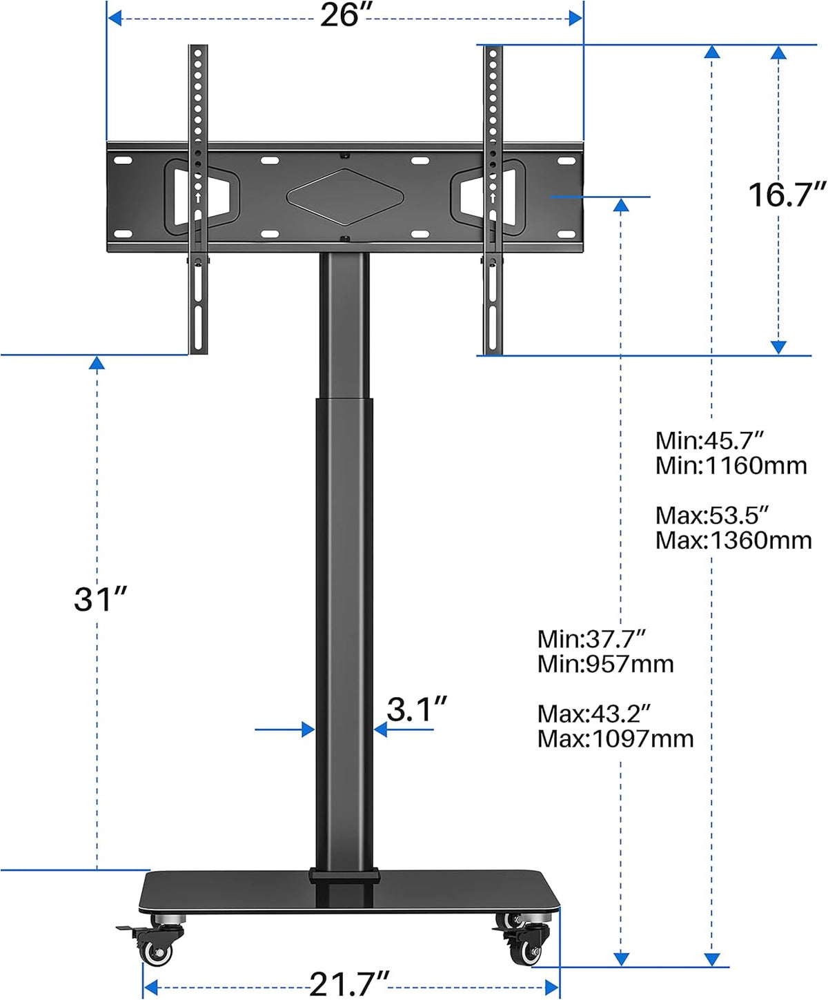 Tall TV Stand with Wheels, Height Adjustable, Max VESA 600x400mm E126371