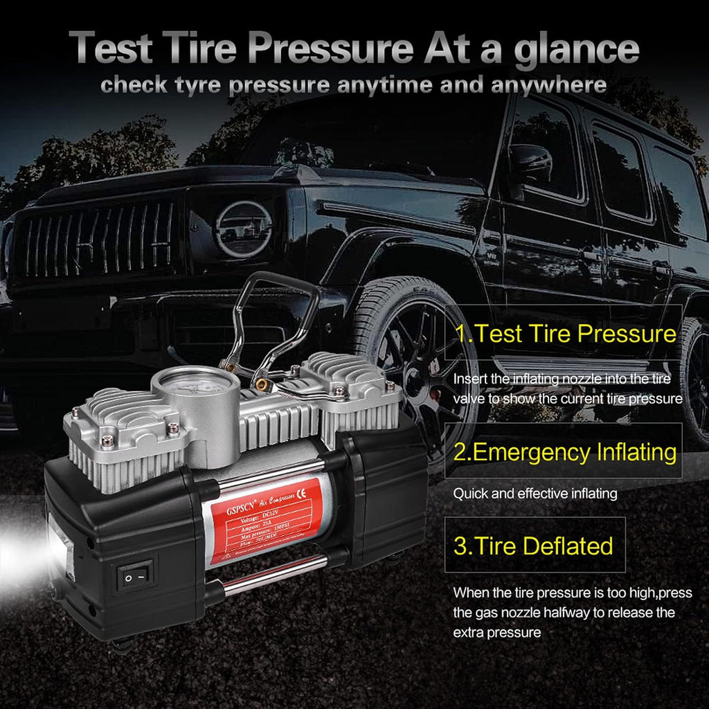 Portable Tire Inflator Double Cylinder Air Compressor Pump with LED Light, 150 PSI Metal Tire Pump with Locking Air Chuck B13003
