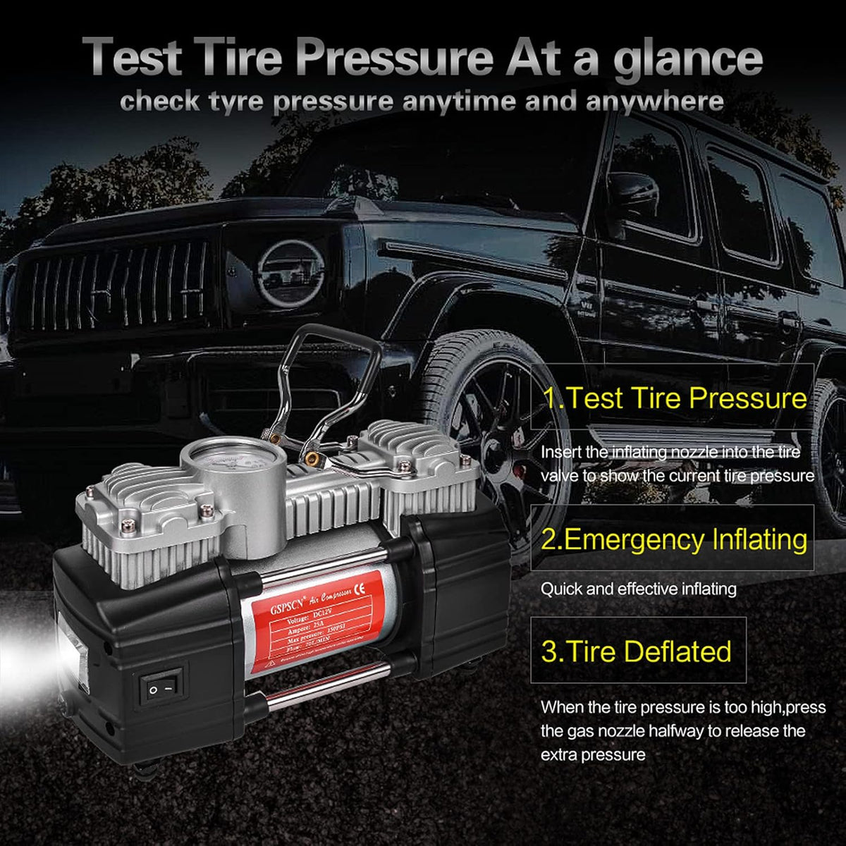 Portable Tire Inflator Double Cylinder Air Compressor Pump with LED Light, 150 PSI Metal Tire Pump with Locking Air Chuck B13003