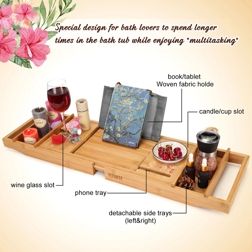 Wooden Bathtub Tray Caddy with Wine Glass Slot, Phone Tray, Book Holder, Candle Slot, Non-Slip, Bamboo, Body Brush O3443