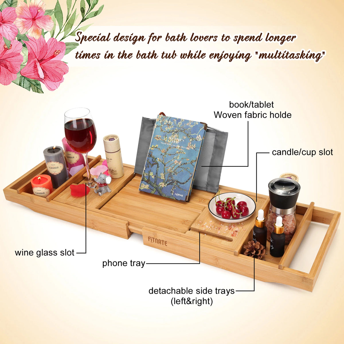 Wooden Bathtub Tray Caddy with Wine Glass Slot, Phone Tray, Book Holder, Candle Slot, Non-Slip, Bamboo, Body Brush O3443