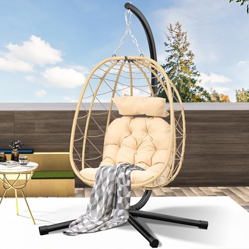 Egg Swing Chair with Stand Wicker Egg Chair with Cushions Beige F315864
