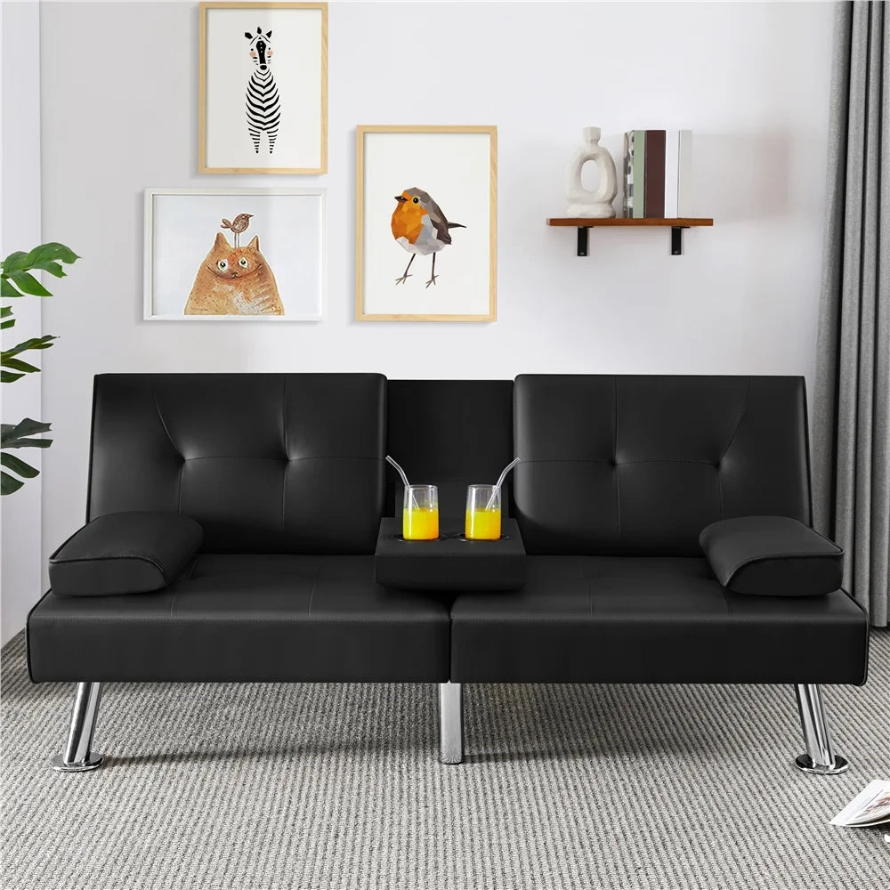 Black Faux Leather Convertible Futon Sofa Bed with Cup Holders U1668