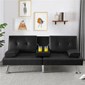 Black Faux Leather Convertible Futon Sofa Bed with Cup Holders U1668
