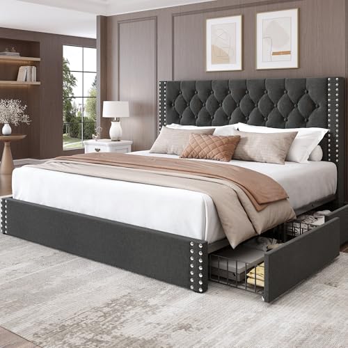 King Size Linen Upholstered Bed Frame with 4 Storage Drawers F53934