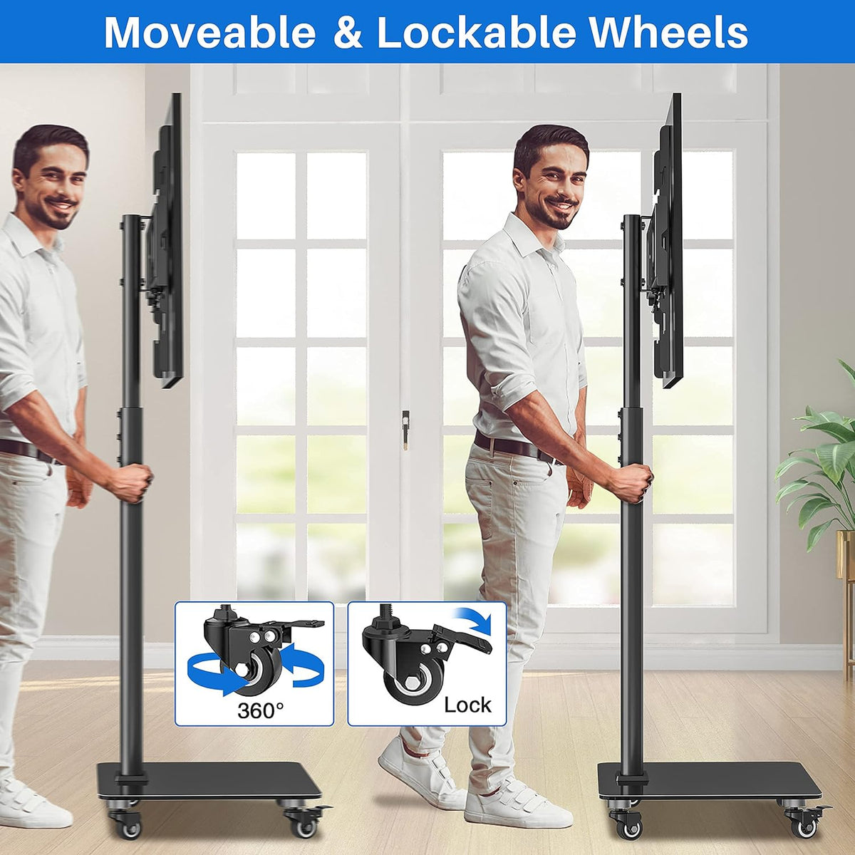 Tall TV Stand with Wheels, Height Adjustable, Max VESA 600x400mm E126371