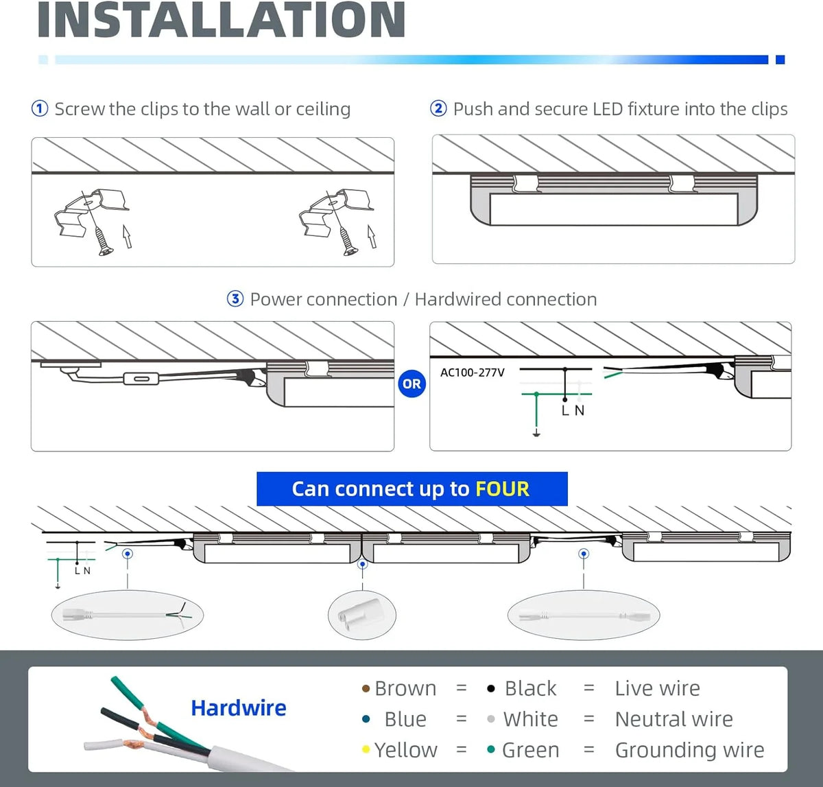 8FT 72W 9000LM 5000K Daylight White T8 Linkable LED Shop Light, 4 Packs E6822