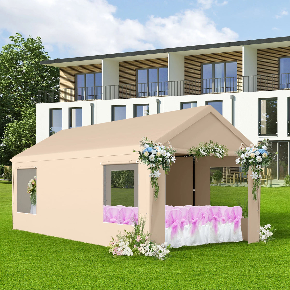 12 x 20 ft Heavy Duty Steel Carport Canopy with Window, Beige F9663