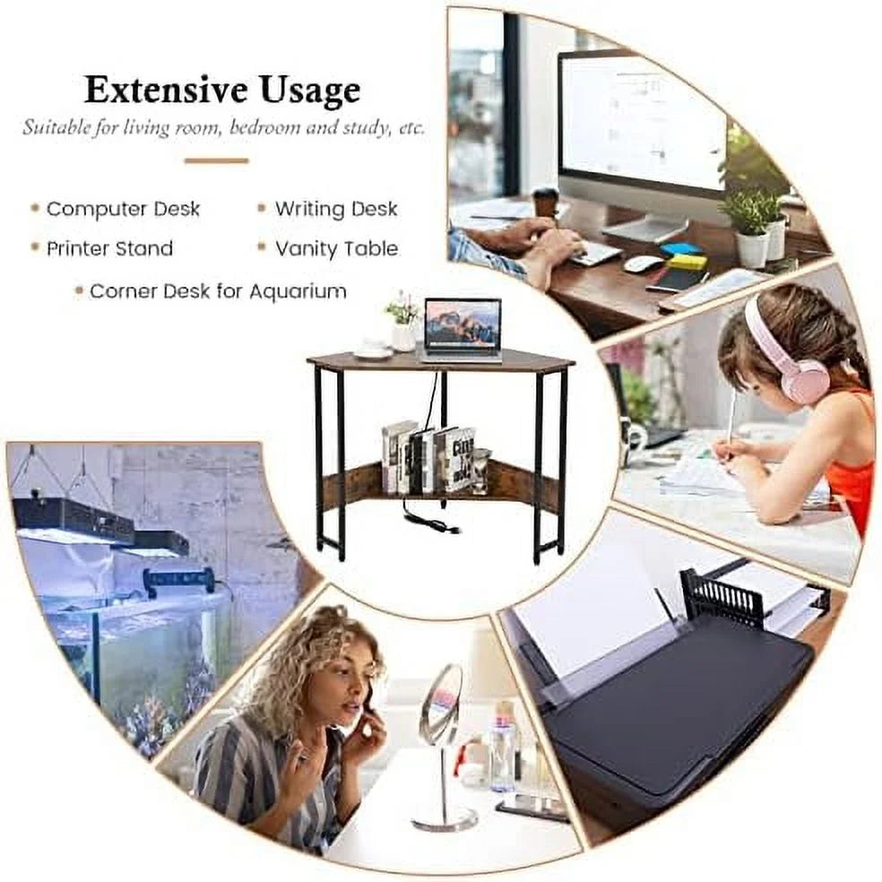 Industrial Corner Desk with Power Outlet Shelves Metal Frame Wood K133055