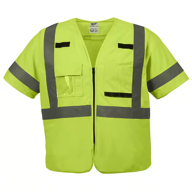 Yellow Class 3 High Visibility Safety Vest with 10-Pockets and Sleeves R7944