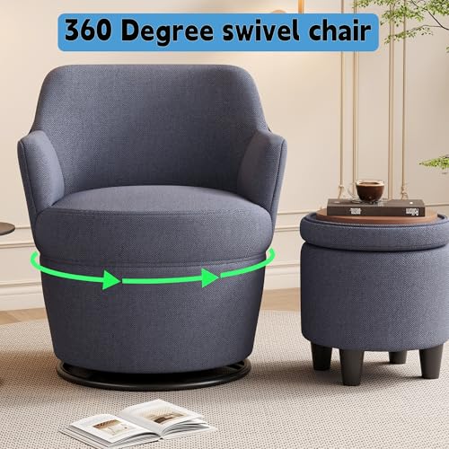 Beige Cotton Linen Upholstered Swivel Chair with Storage Ottoman M850053