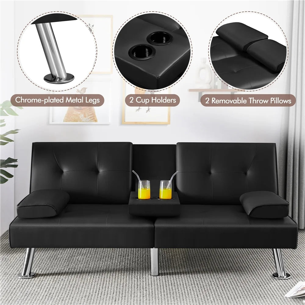 Black Faux Leather Convertible Futon Sofa Bed with Cup Holders U1668