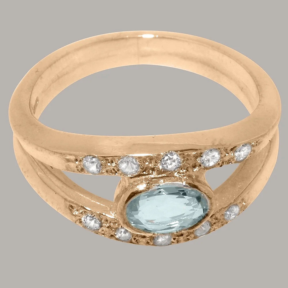 18k Rose Gold Natural Aquamarine & Diamond Womens Band Ring I4048