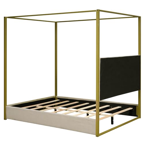 Queen Size Beige Upholstered Canopy Platform Bed Frame I13171