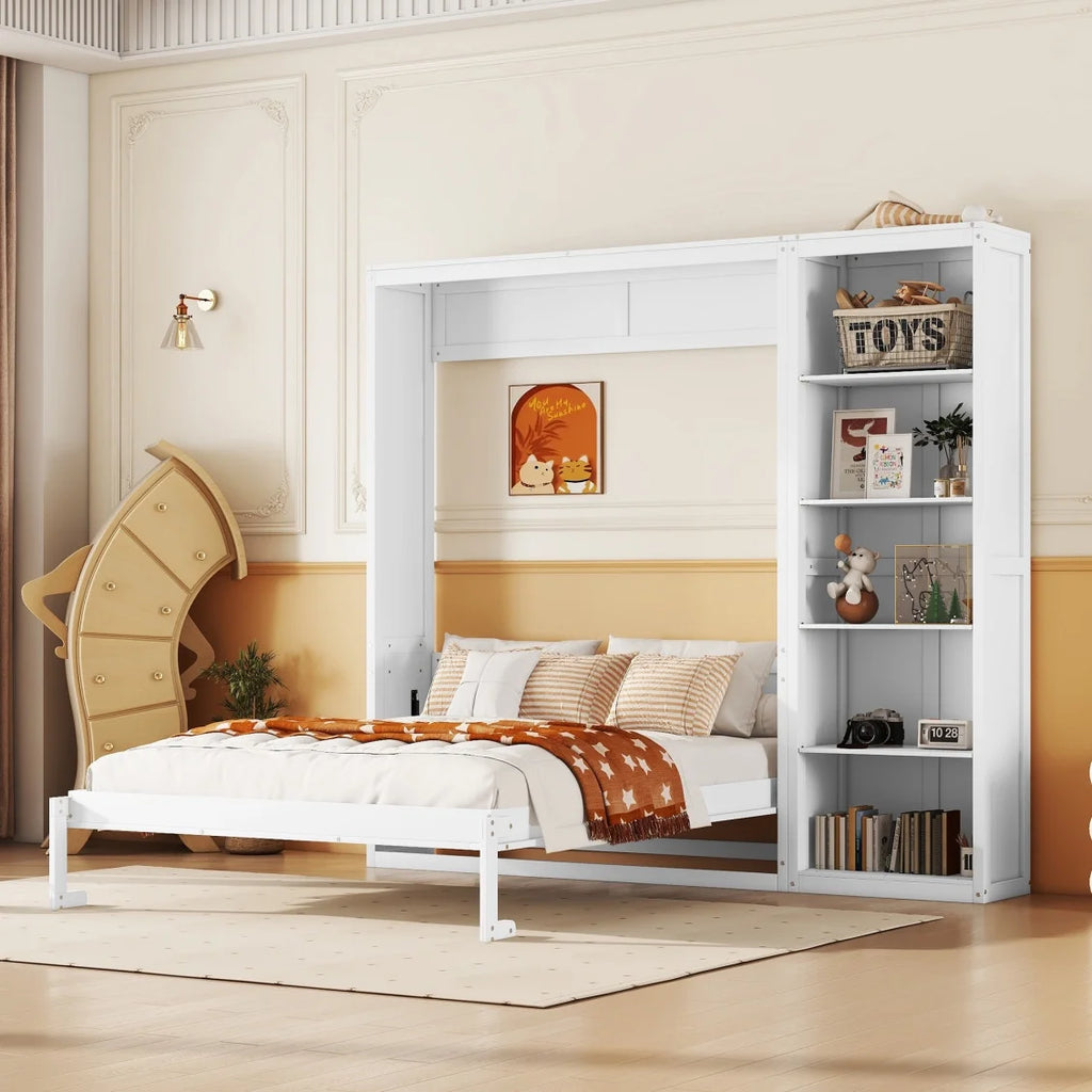 Full Size Gray Murphy Bed with Side Bookshelf C9118