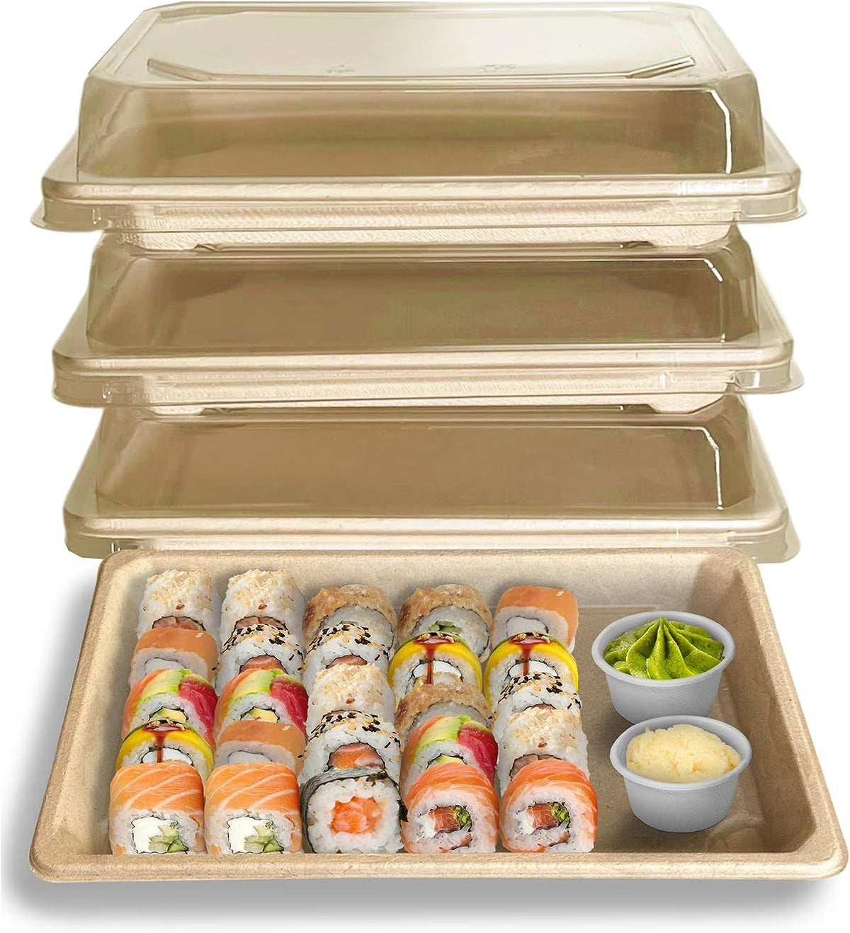 100 PACK Compostable Sugarcane Sushi Trays with Lids I79411