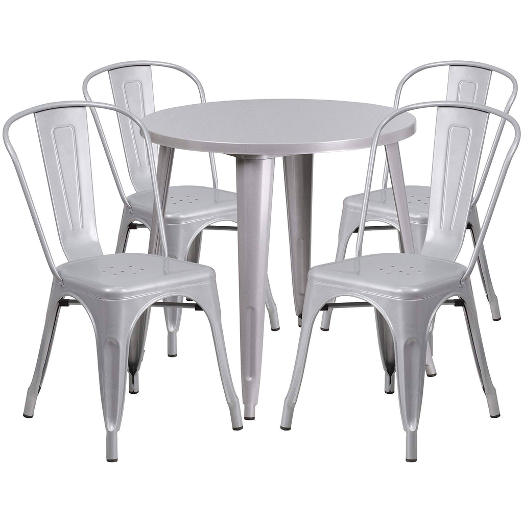 Silver Round Metal Table Set with 4 Cafe Chairs R997836