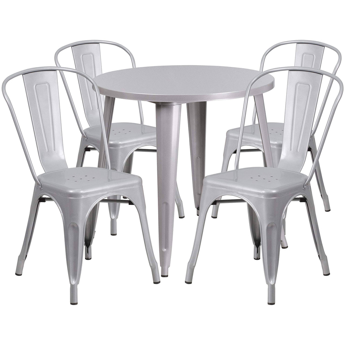 Silver Round Metal Table Set with 4 Cafe Chairs R997836