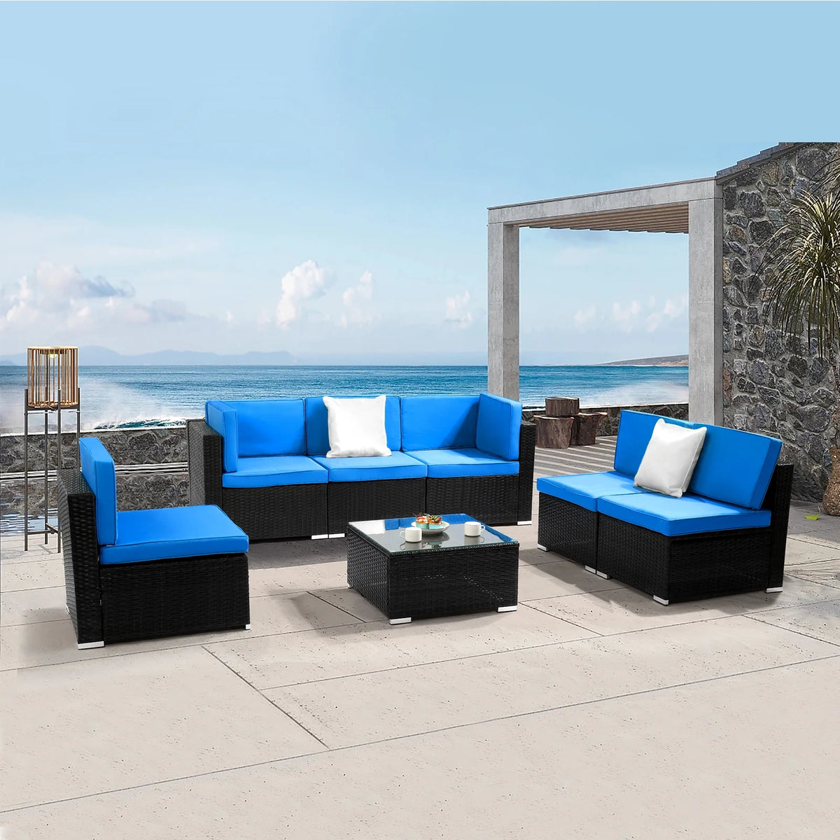 Blue and Black PE Rattan Patio Sectional Set with Table G580