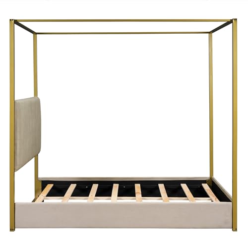 Queen Size Beige Upholstered Canopy Platform Bed Frame I13171