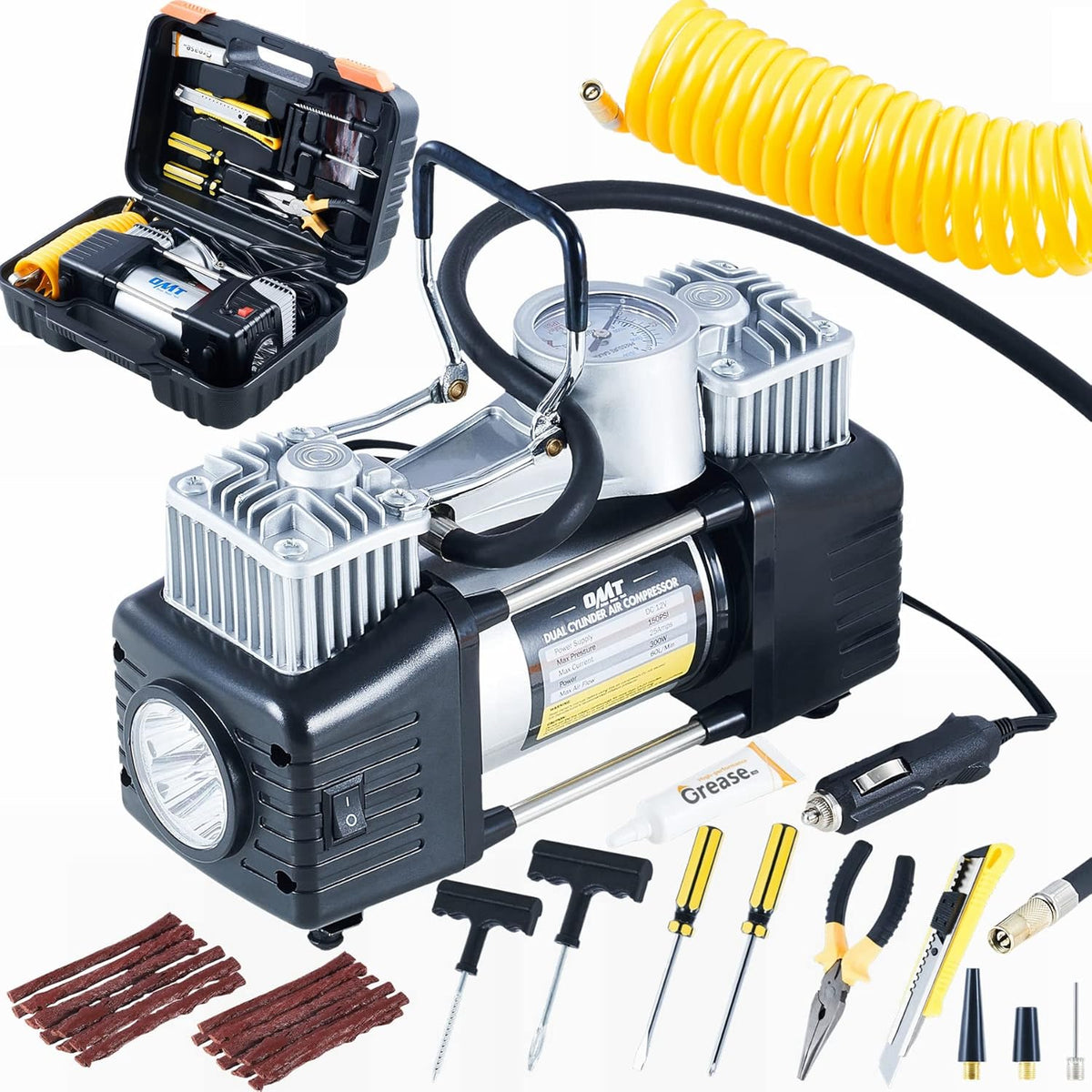 Double Cylinder Tire Inflator 30pc Tire Repair Kit 12V 150psi Air Compressor Pressure Gauge Heavy Duty Tools Pack of 2 J580817