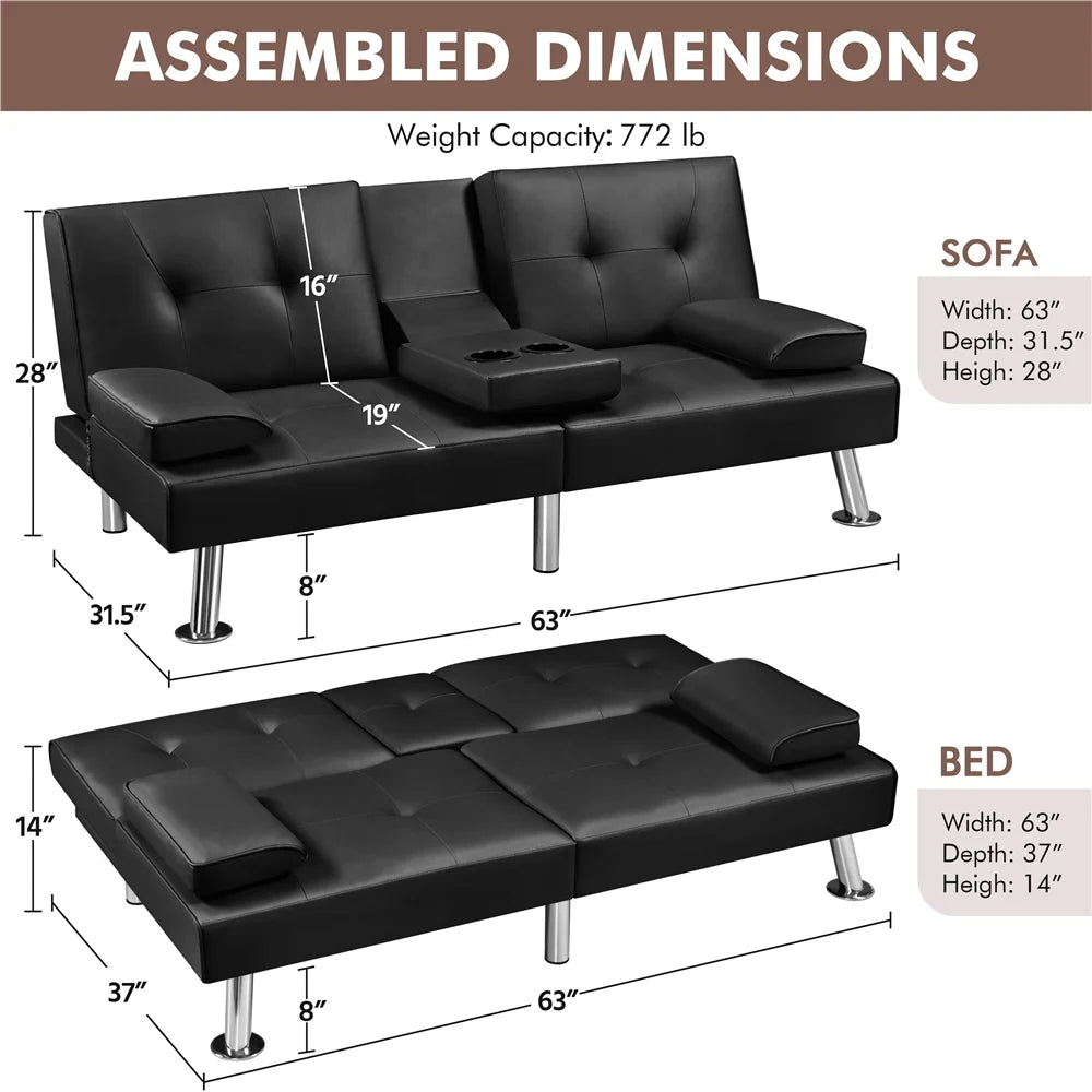 Black Faux Leather Convertible Futon Sofa Bed with Cup Holders U1668