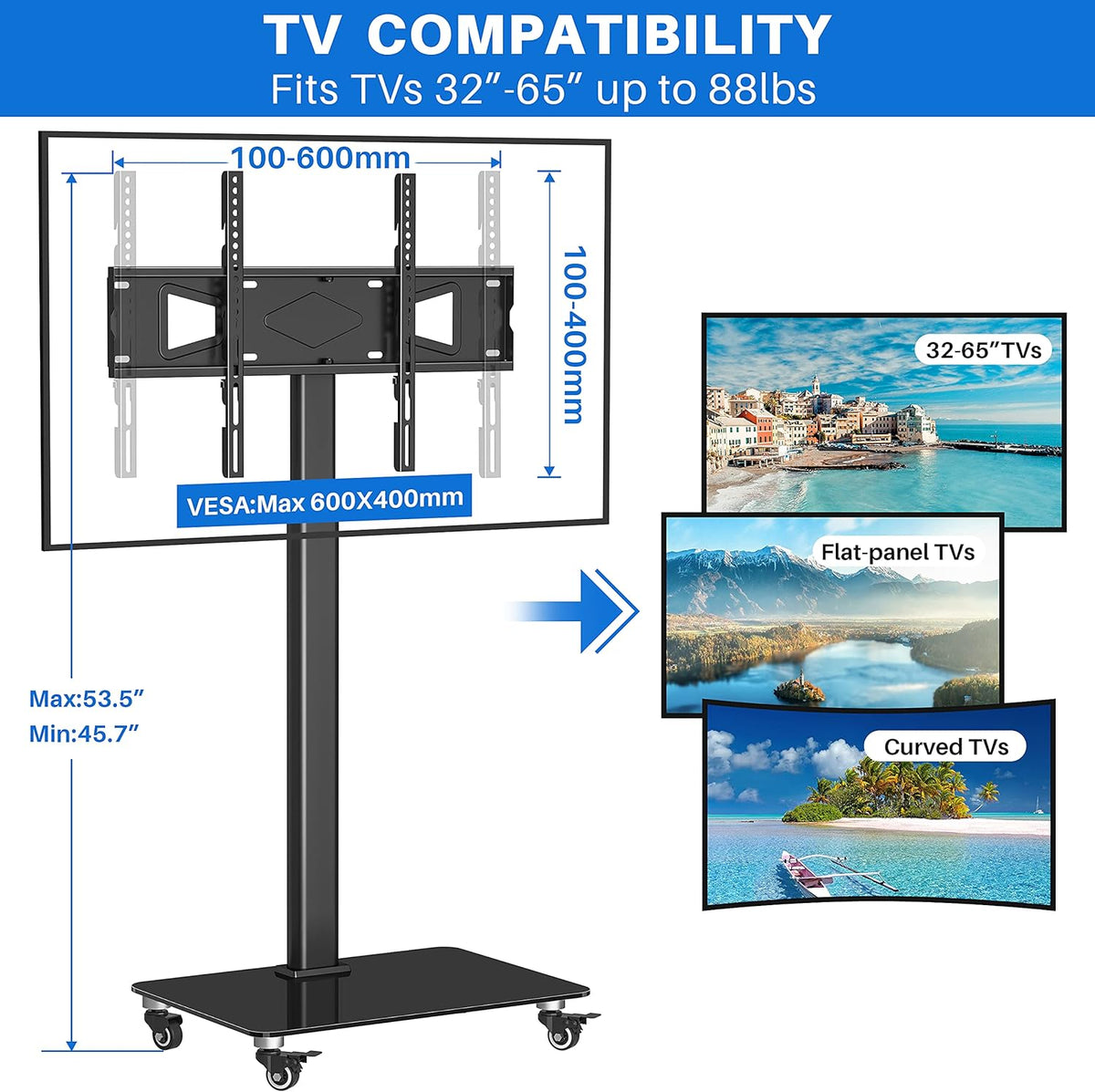 Tall TV Stand with Wheels, Height Adjustable, Max VESA 600x400mm E126371