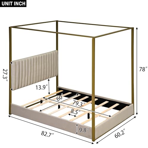 Queen Size Beige Upholstered Canopy Platform Bed Frame I13171