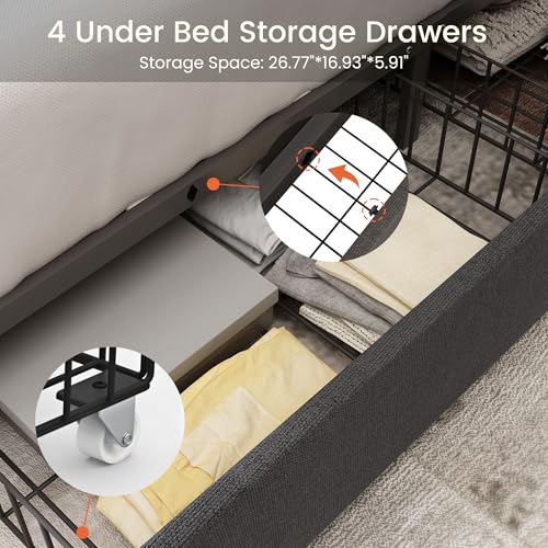 King Size Linen Upholstered Bed Frame with 4 Storage Drawers F53934