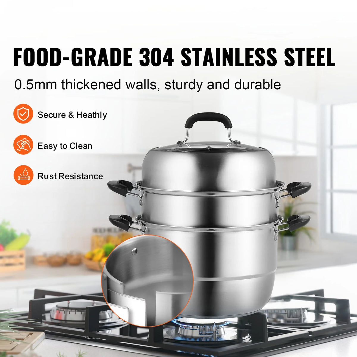 3 Tier 8.5QT 304 Stainless Steel Steamer Pot with 2 Steaming Tray X721