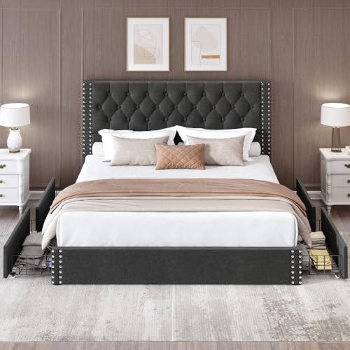 King Size Linen Upholstered Bed Frame with 4 Storage Drawers F53934