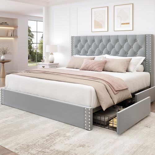 King Size Linen Upholstered Bed Frame with 4 Storage Drawers F53934