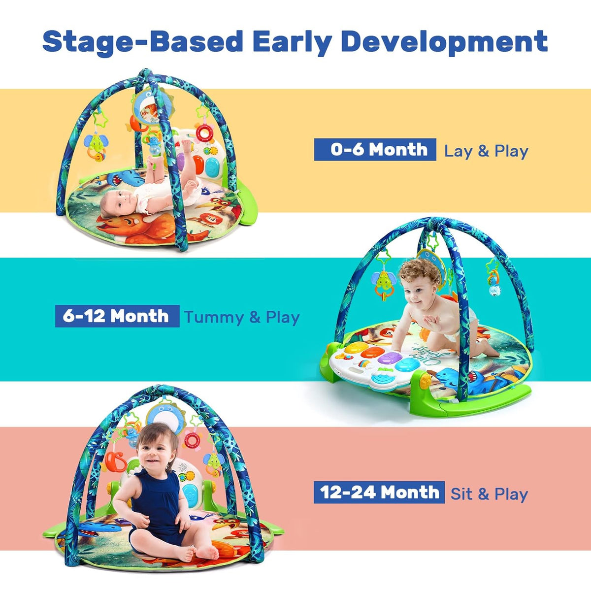 Baby Gym Play Mat with 5 Sensory Teether Toys, Musical Activity Center, Pack of 2 P43854
