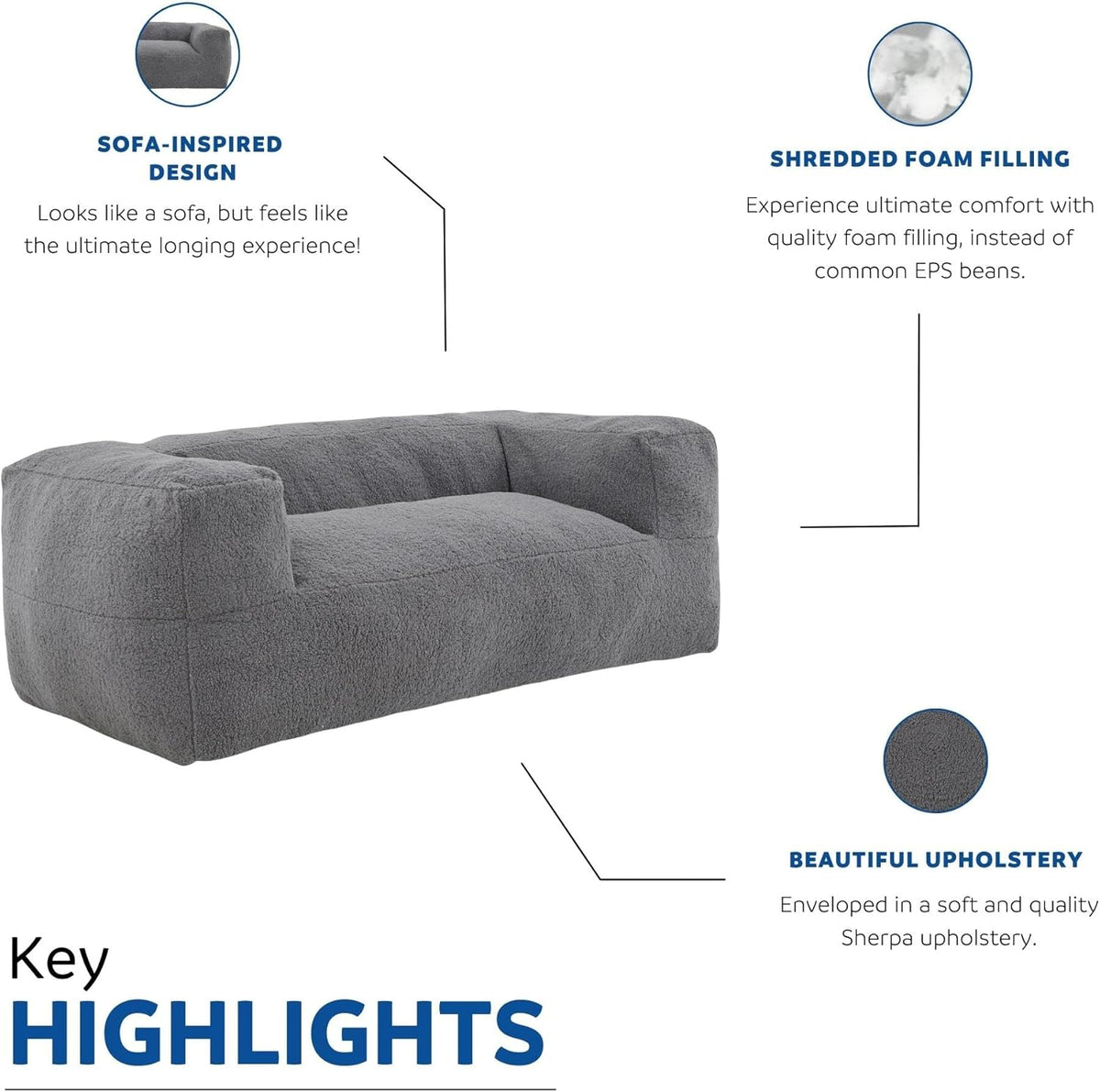 Gray Memory Foam Bean Bag Sofa Chair with Armrest L328291