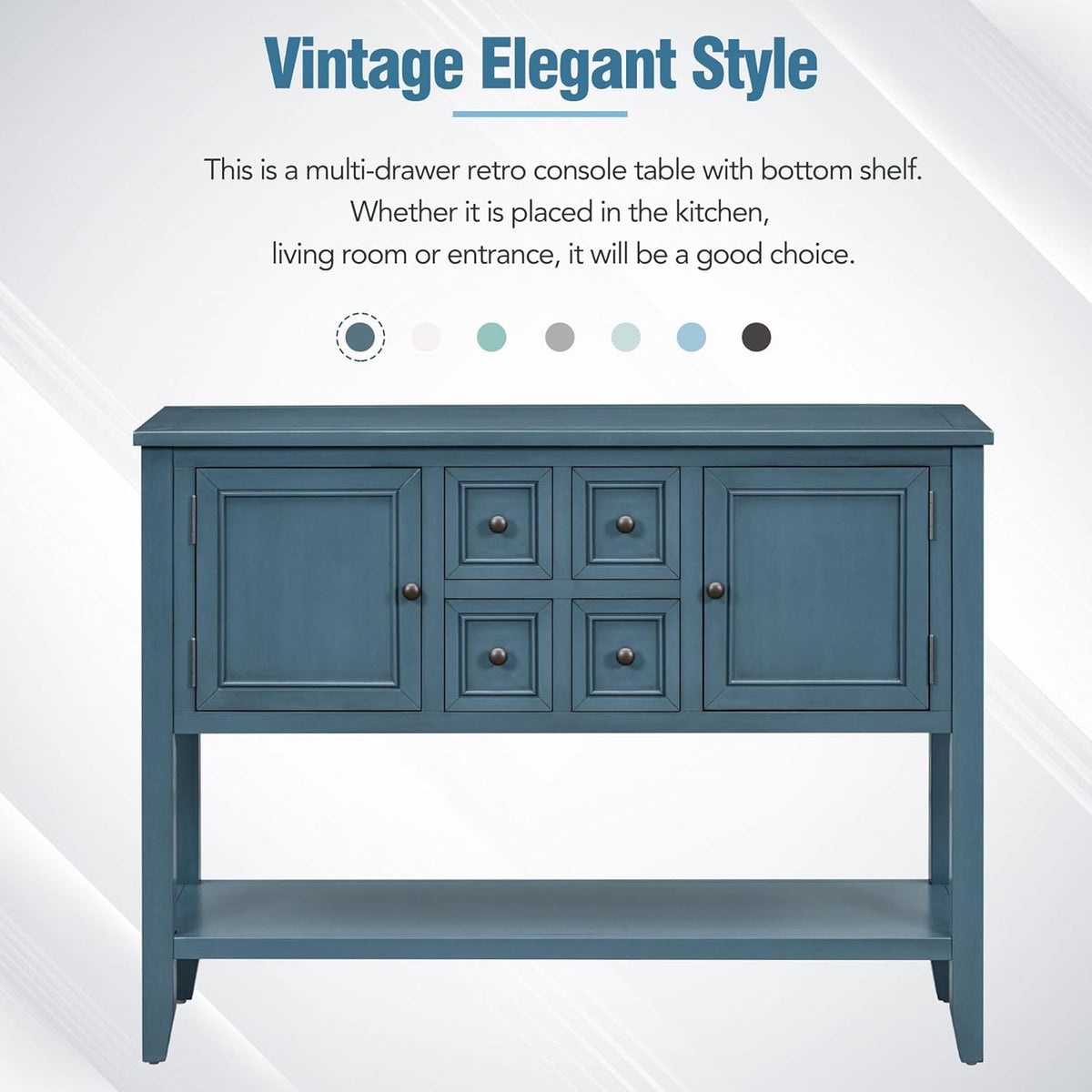 Light Navy Solid Wood Console Table with 4 Drawers and 2 Cabinets R373