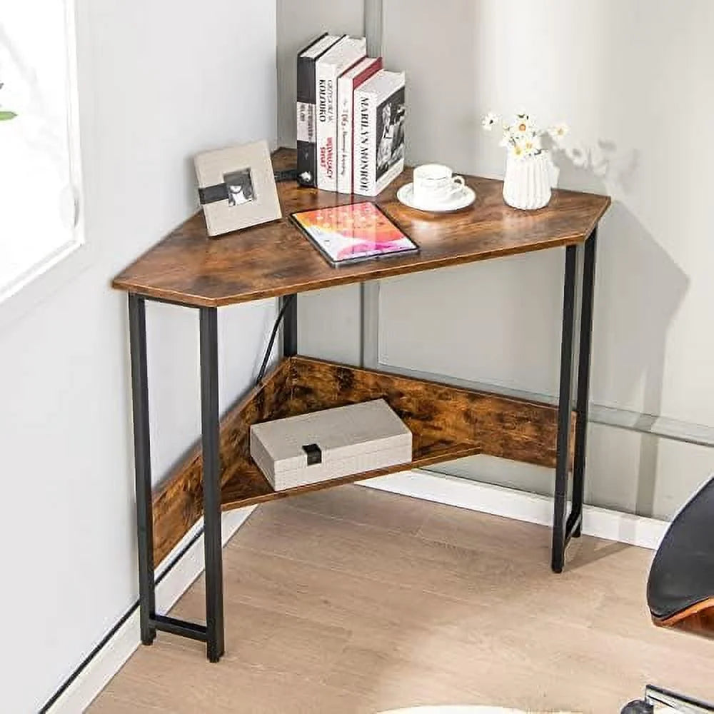 Industrial Corner Desk with Power Outlet Shelves Metal Frame Wood K133055