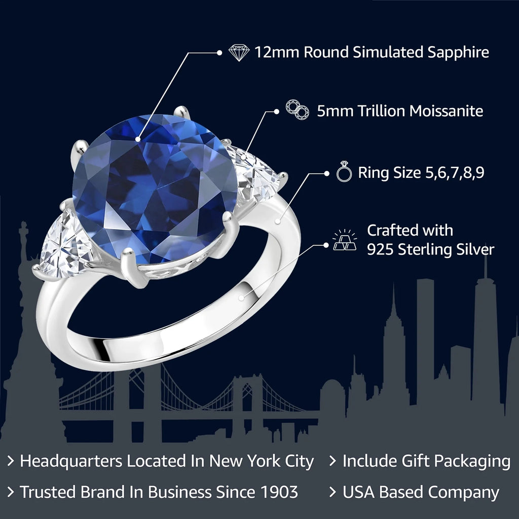 925 Sterling Silver Blue Simulated Sapphire and White Moissanite 3-Stone Ring F14105