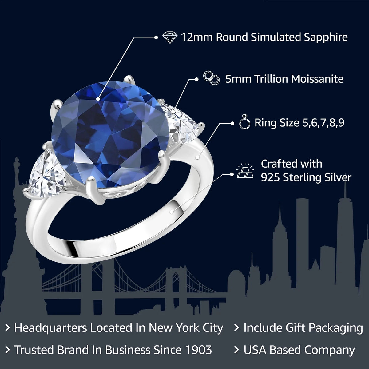 925 Sterling Silver Blue Simulated Sapphire and White Moissanite 3-Stone Ring F14105