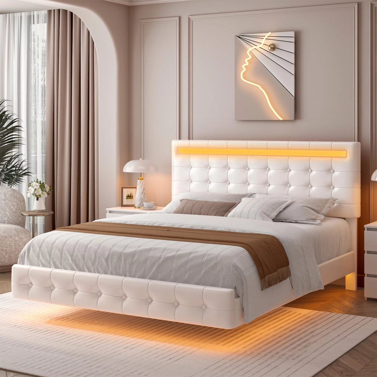 White Queen Floating LED Platform Bed with Storage G16950