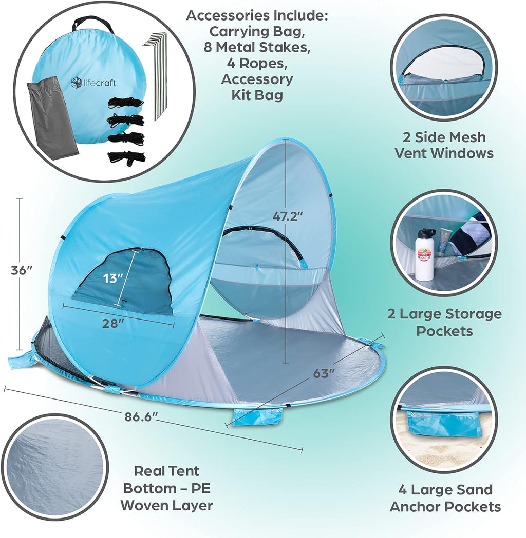 Blue Pop Up Beach Tent 3 4 Person Sun Shelter with UPF 50+ UV Protection R6356