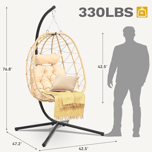 Egg Swing Chair with Stand Wicker Egg Chair with Cushions Beige F315864