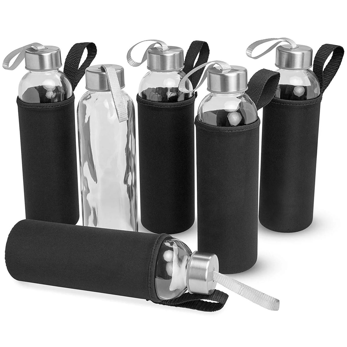 Glass Water Bottle with Lids and Sleeves, 18 oz Pack of 6 A51300
