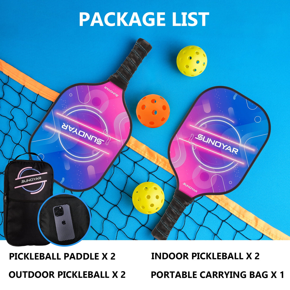 Fiberglass Pickleball Paddles Set of 2 with 4 Balls and 1 Bag R8662