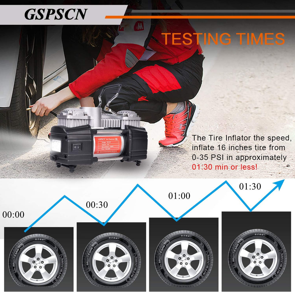 Portable Tire Inflator Double Cylinder Air Compressor Pump with LED Light, 150 PSI Metal Tire Pump with Locking Air Chuck B13003