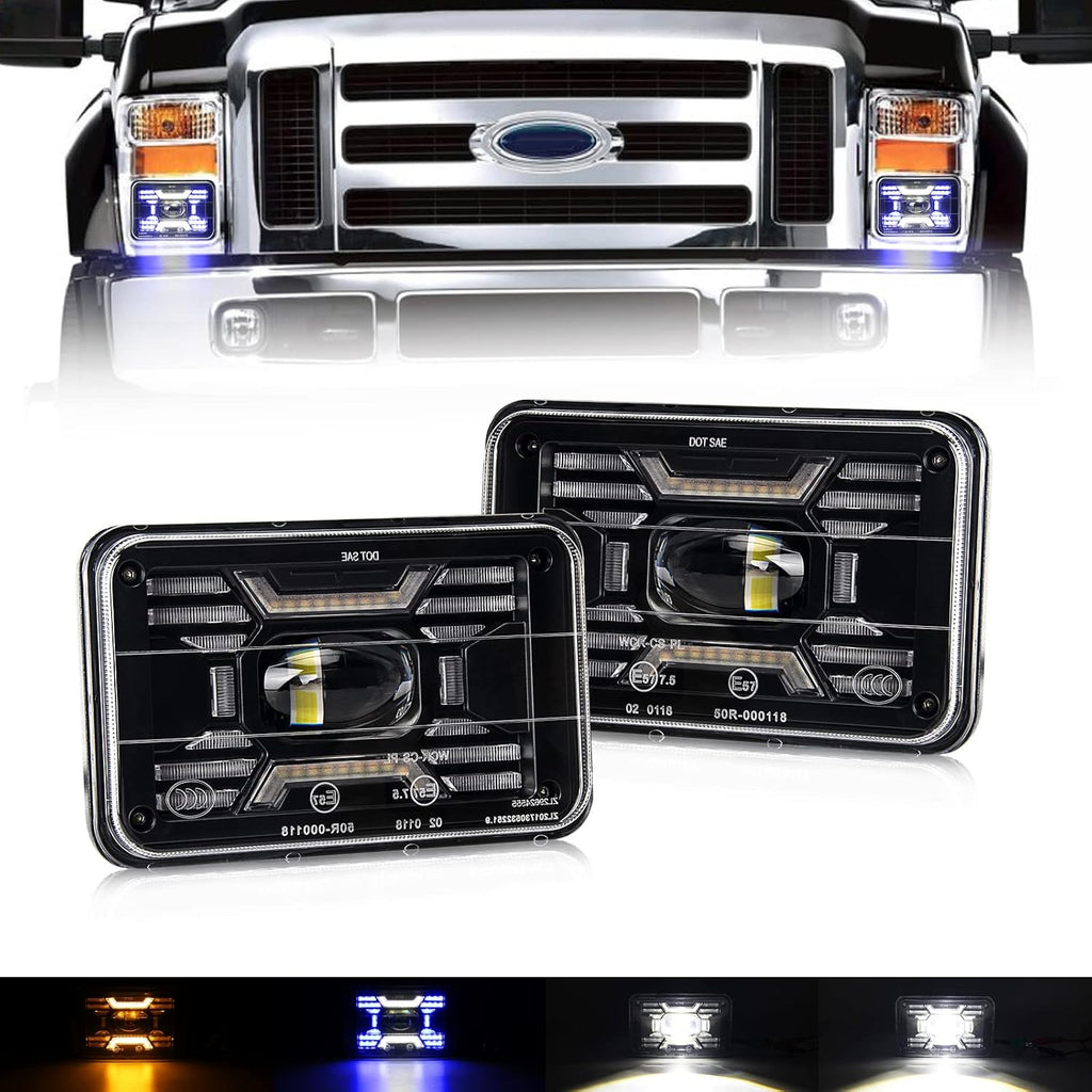 80W Square 4x6 Inch LED Headlight with Halo & Turn Signal Light, 2PC Pack Y623