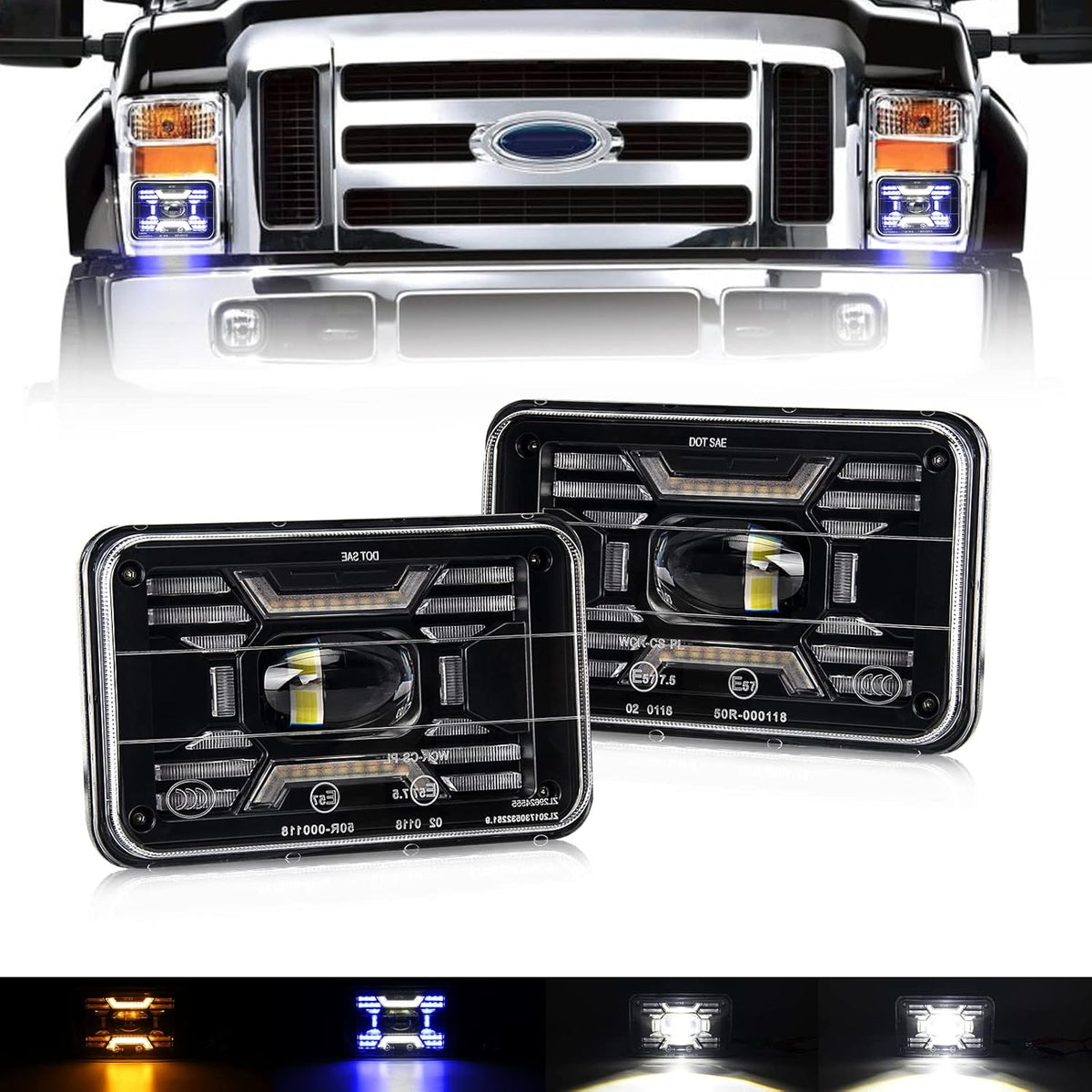 80W Square 4x6 Inch LED Headlight with Halo & Turn Signal Light, 2PC Pack Y623