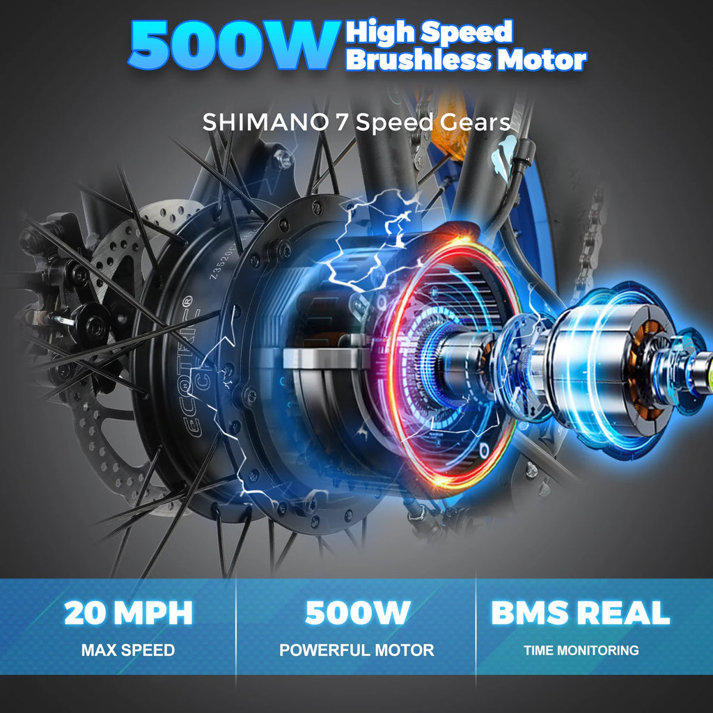 Foldable 20" 500W 36V Electric Bicycle Fat Tire Removable Battery 7 Speed I413168