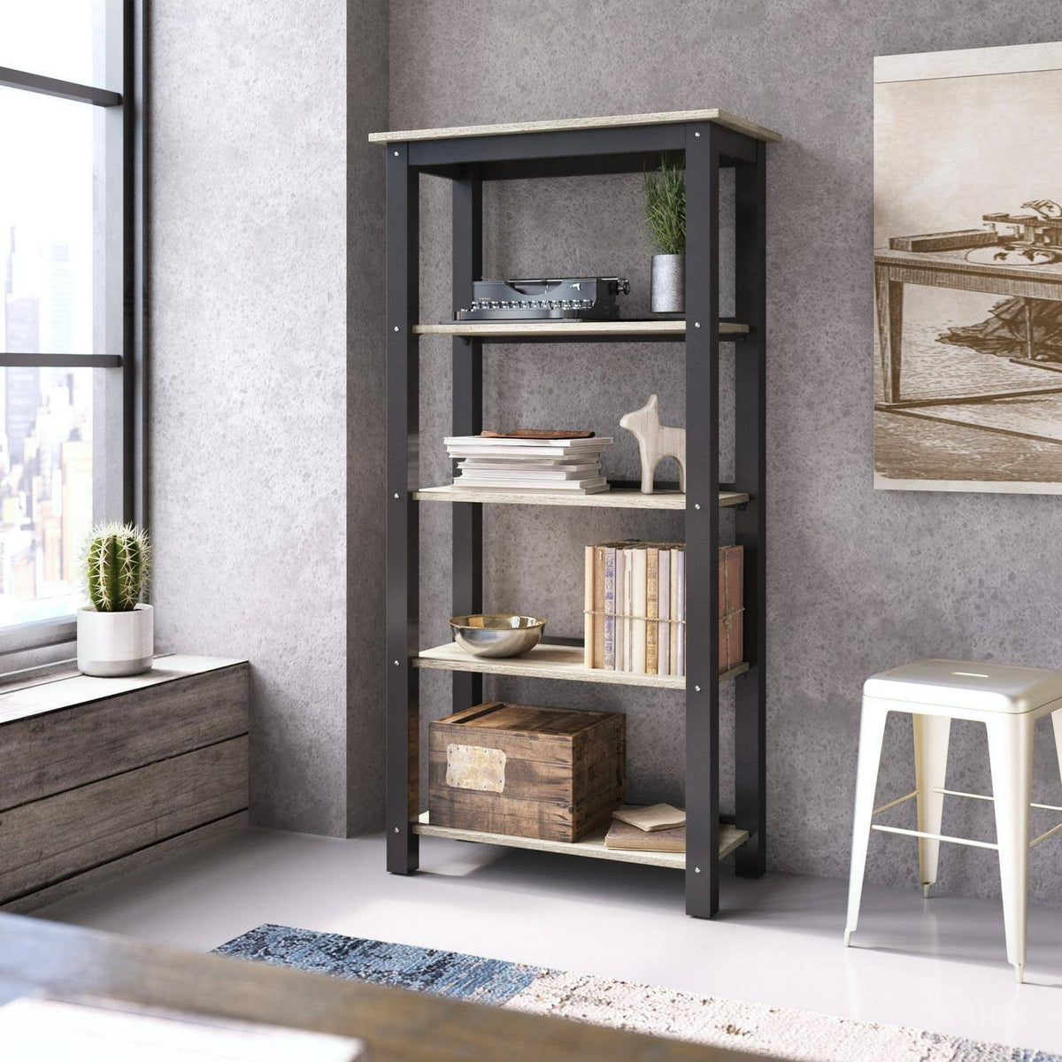 Black and Clayton Oak 4-Shelf Industrial Bookcase L729